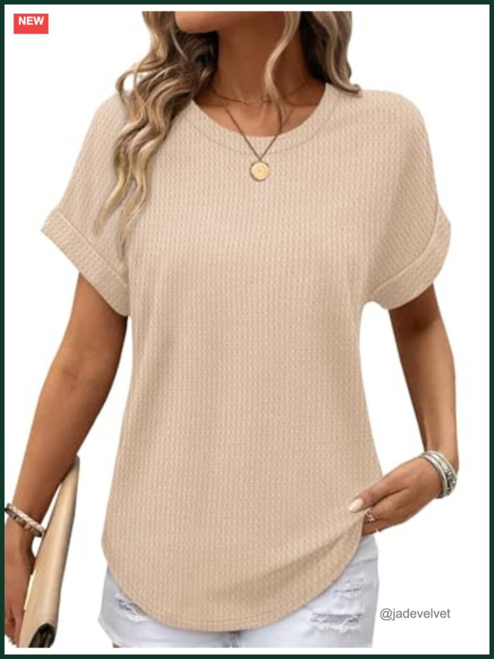 Women's Waffle Knit Short Sleeve T-Shirt Crew Neck Curved Hem Loose Fit